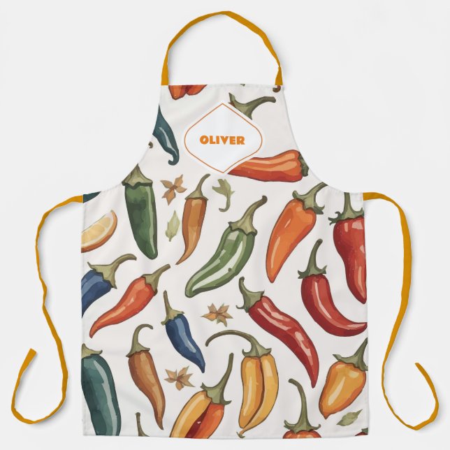 Modern Monogram Chili Peppers Pattern Apron (Front)