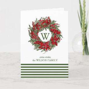 Modern Monogram Christmas Wreath Greeting Card