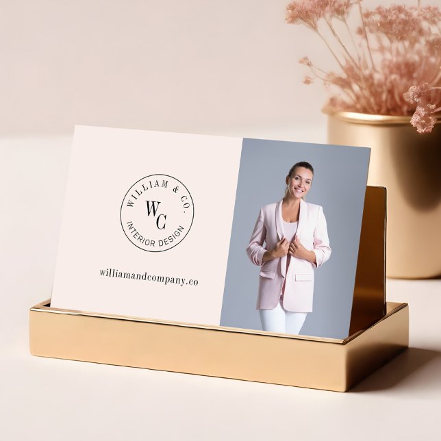 Modern Monogram Circle Crest Custom Photo QR Code Business Card (Modern Monogram Circle Crest Custom Photo QR Code Business Card Front)