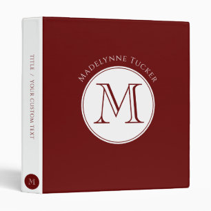 Modern Monogram Circle Dark Red Burgundy White Binder