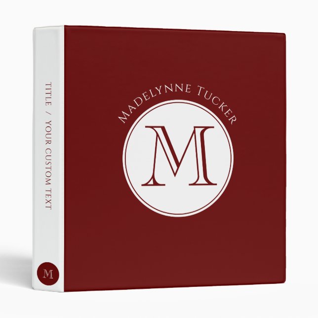 Modern Monogram Circle Dark Red Burgundy White Binder (Front/Spine)