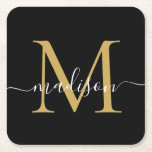 Modern Monogram Classic Black Gold Script Name Square Paper Coaster<br><div class="desc">Elegant Modern Personalized Black Gold  Monogram Script Name Initial Paper Coaster</div>