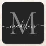 Modern Monogram Classic Black Grey Script Name Square Paper Coaster<br><div class="desc">Elegant Modern Personalized Black Silver Grey Monogram Script Name Initial Paper Coaster</div>