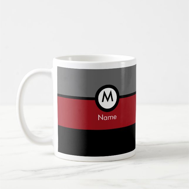 Modern Monogram Coffee Mug - Black, Red, Grey (Left)