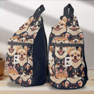modern monogram colourful animal, dog pattern kids sling bag