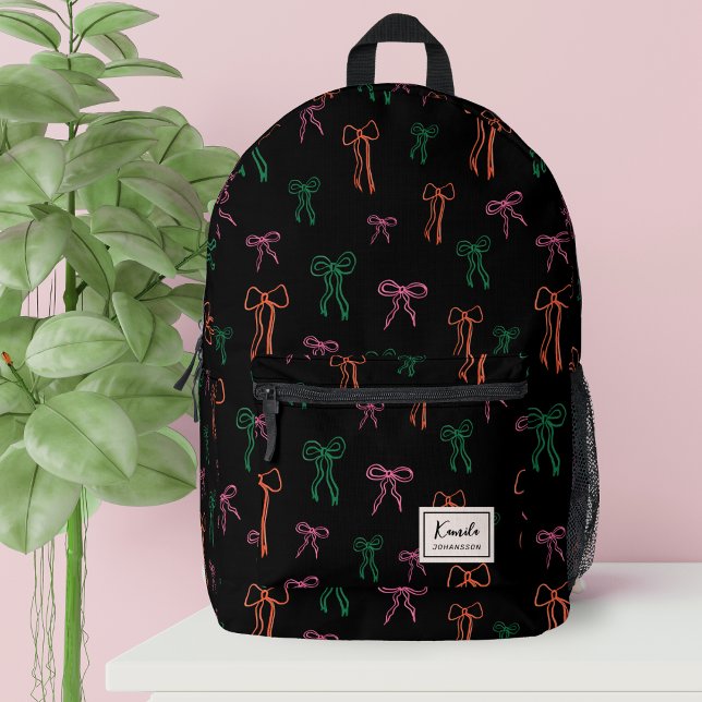 Modern Monogram Colourful Bow Pattern Black Printed Backpack (Creator Uploaded)