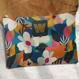 Modern Monogram Colourful Retro Flowers Pattern Accessory Pouch