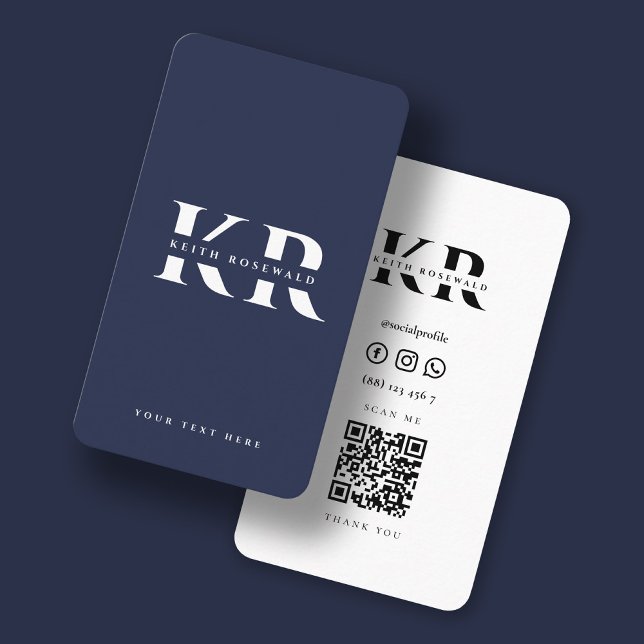 Modern Monogram Custom Name Dark Navy Blue Qr Business Card (Creator Uploaded)