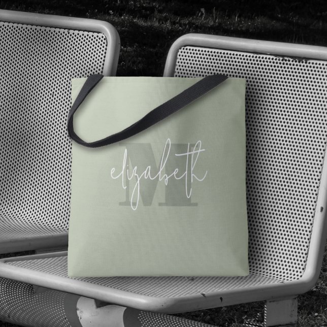 Modern Monogram Custom Name Sage Green Tote Bag (Custom Tote Bag by PartyInvitationShop.com)