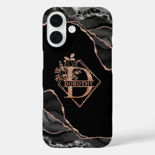 Modern Monogram D Black Agate Marble Rose Gold  iPhone 16 Case