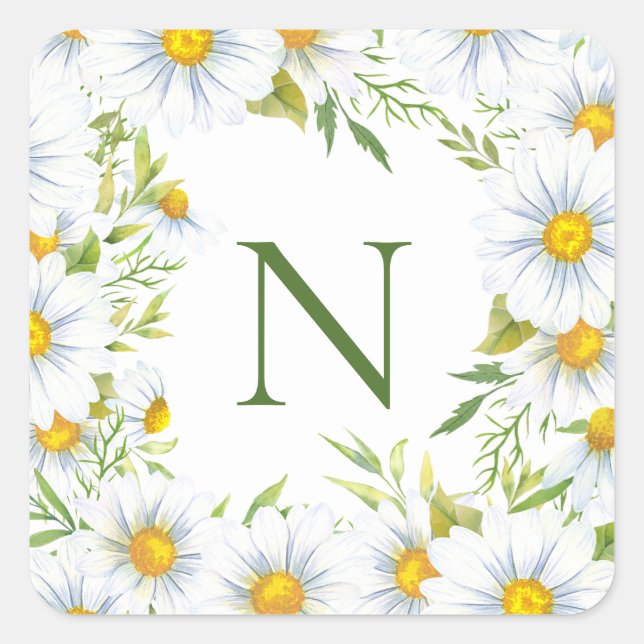 Modern Monogram Daisies Square Sticker (Front)