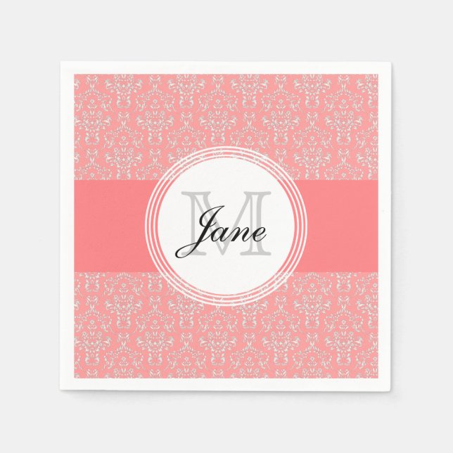 Modern Monogram Damask Napkin Coral (Front)