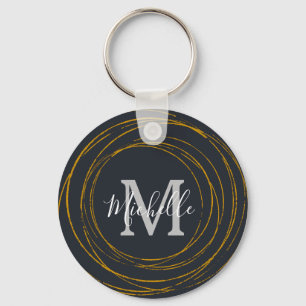 Modern Monogram Dark Grey Gold Rings Keychain