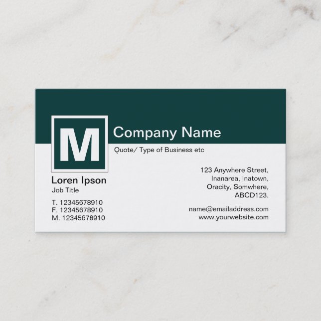 Modern Monogram - Dark Moss Green and White Business Card (Front)