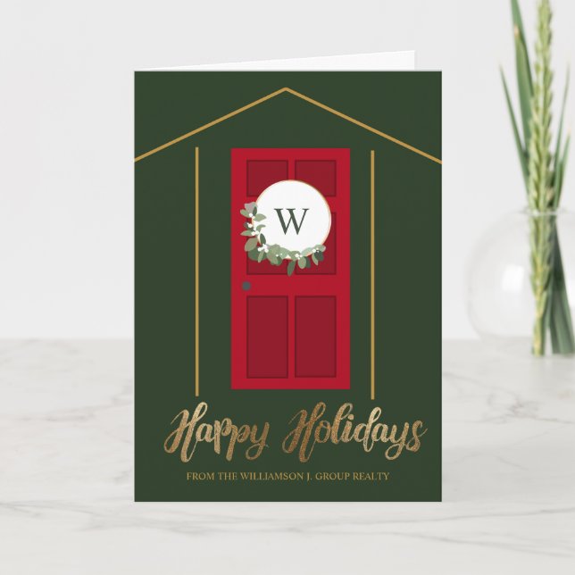 Modern Monogram Door Wreath Realtor Client Holiday Card (Front)