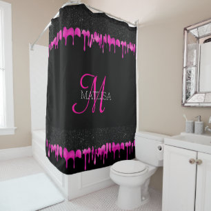 Modern Monogram Dripping Glitter Black Hot Pink 
