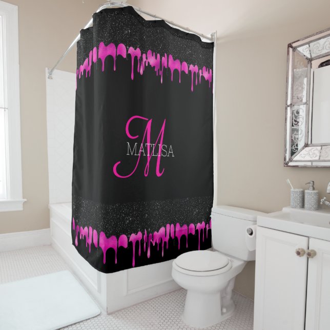 Modern Monogram Dripping Glitter Black Hot Pink  (In Situ)