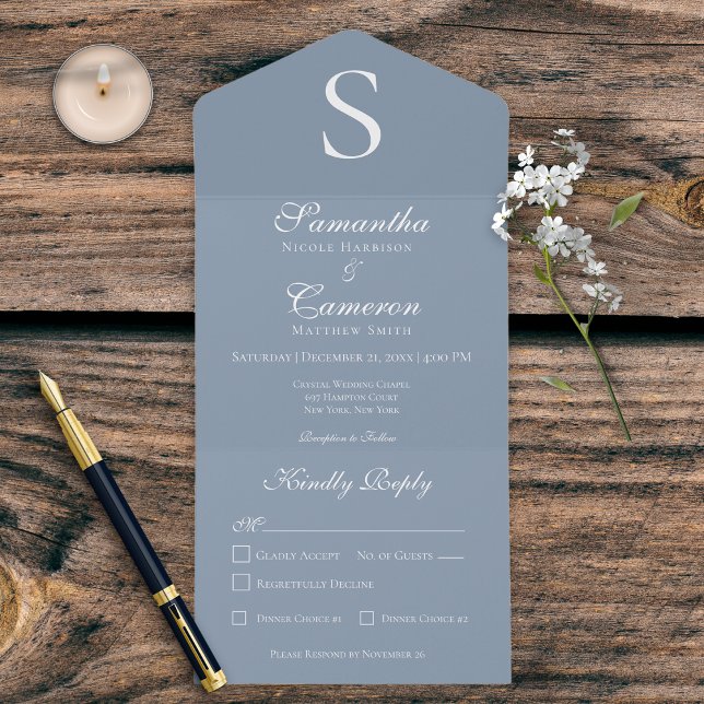 Modern Monogram Dusty Blue Dinner All In One Invitation (Creator Uploaded)