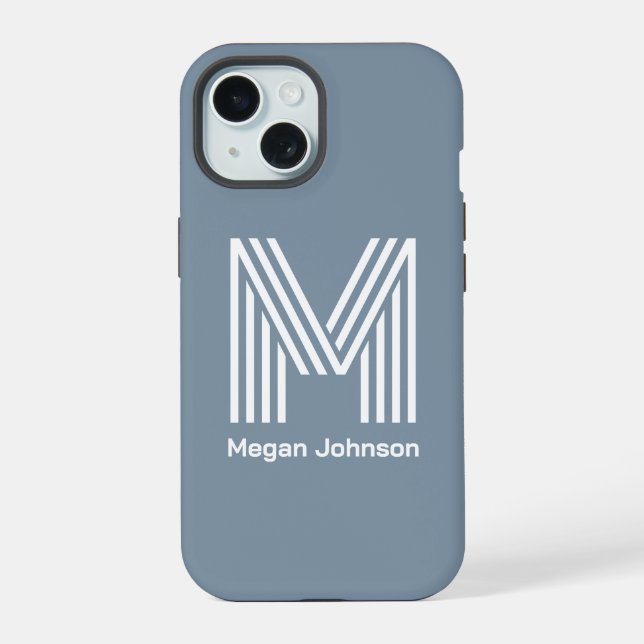 Modern Monogram Dusty Blue iPhone 15 Case (Back)