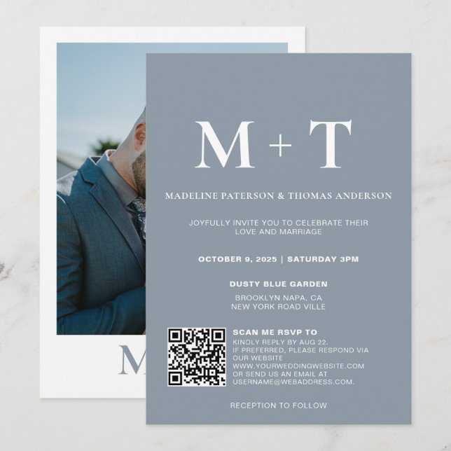 Modern Monogram Dusty Blue QR Code Rsvp Wedding  Invitation (Front/Back)
