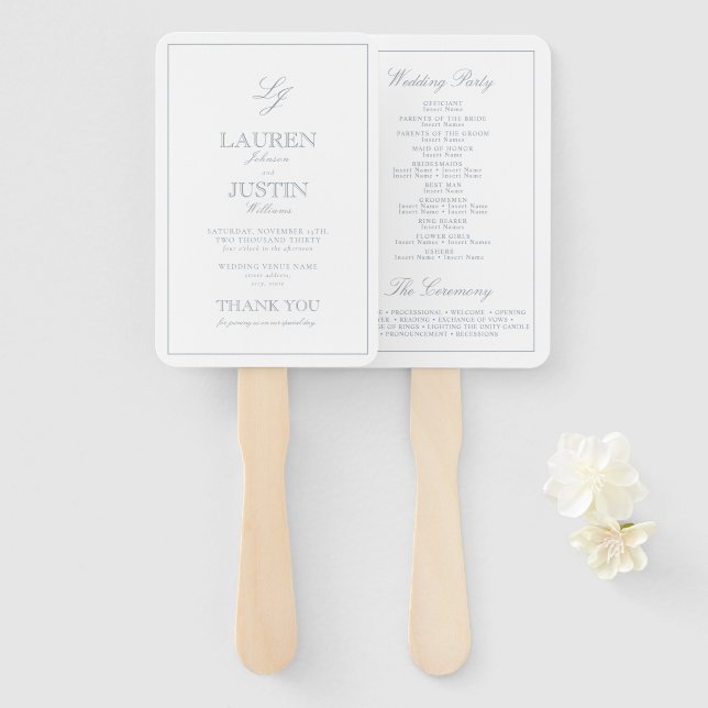Modern Monogram Dusty Blue Script Wedding Program Hand Fan (Front and Back)