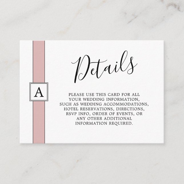 Modern Monogram Dusty Rose Wedding DETAILS Enclosure Card (Front)