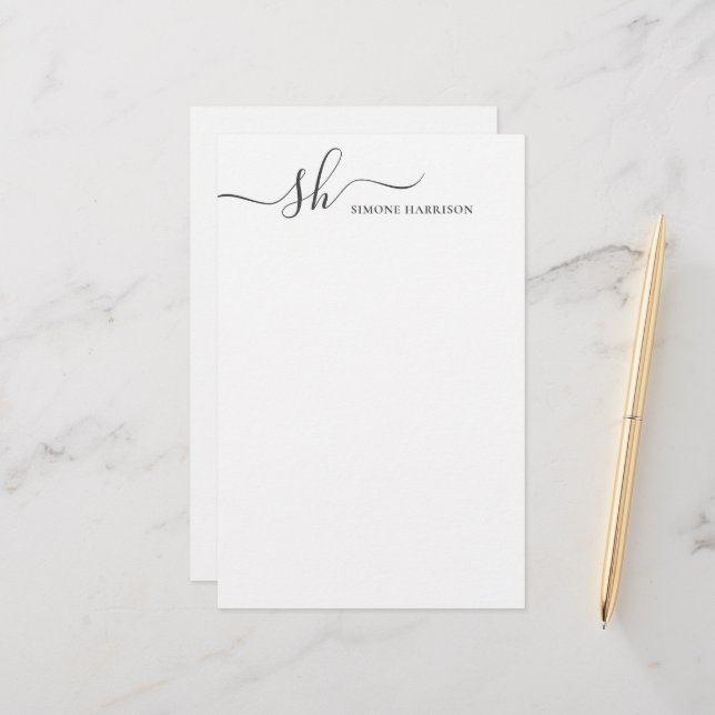Modern Monogram Elegant Calligraphy Personalized Stationery (Front/Back In Situ)