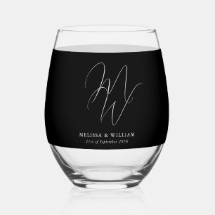 Modern Monogram Elegant Script Black White Wedding Stemless Wine Glass