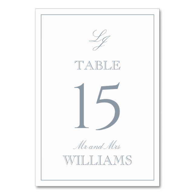 Modern Monogram Elegant Script Dusty Blue Wedding Table Number (Front)