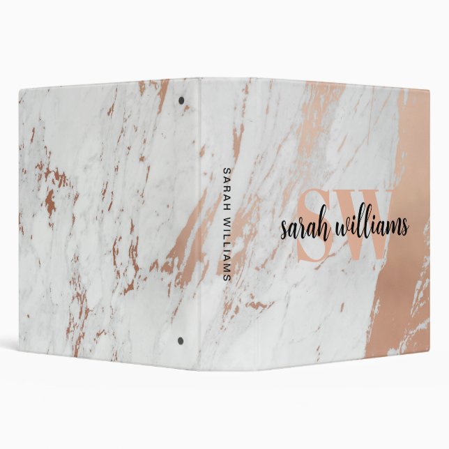Modern Monogram Elegant Script Marble Rose Gold Binder (Background)