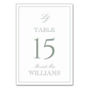 Modern Monogram Elegant Script Sage Green Wedding Table Number
