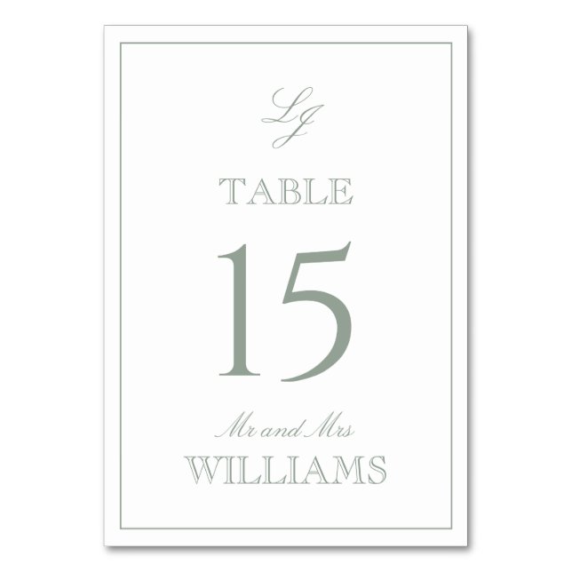 Modern Monogram Elegant Script Sage Green Wedding Table Number (Front)