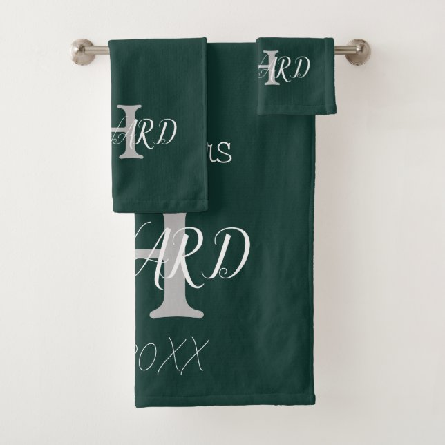 Modern Monogram Emerald Green White Wedding Bath Towel Set (Insitu)