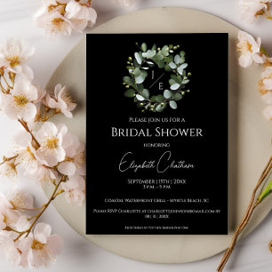 Modern Monogram Eucalyptus Wreath   Black Invitation