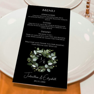 Modern Monogram Eucalyptus Wreath Black Menu
