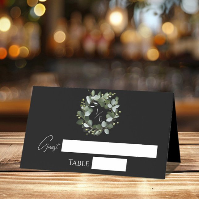 Modern Monogram Eucalyptus Wreath | Black Place Card (Black Modern Monogram Eucalyptus Wreath Wedding Place Card)