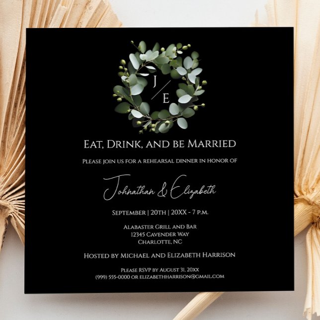 Modern Monogram Eucalyptus Wreath Rehearsal Dinner Invitation (Black Modern Monogram Eucalyptus Wreath Wedding Rehearsal Dinner Invitation)