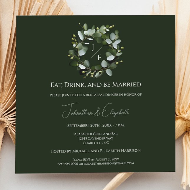 Modern Monogram Eucalyptus Wreath Rehearsal Dinner Invitation (Dark Green Modern Monogram Eucalyptus Wreath Wedding Rehearsal Dinner Invitation)