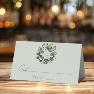 Modern Monogram Eucalyptus Wreath   Sage Green Place Card