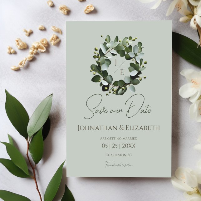 Modern Monogram Eucalyptus Wreath | Sage Green Save The Date (Sage Green Modern Monogram Eucalyptus Wreath Save the Date)