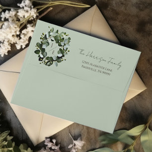 Modern Monogram Eucalyptus Wreath Wedding Envelope