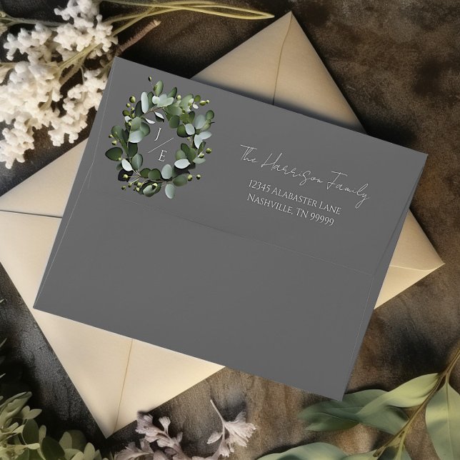 Modern Monogram Eucalyptus Wreath Wedding Grey Envelope (Gray Modern Monogram Eucalyptus Wreath Wedding Envelope)