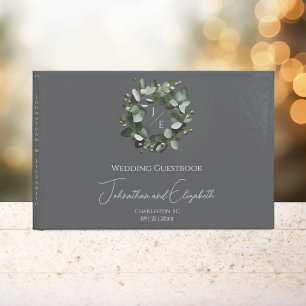 Modern Monogram Eucalyptus Wreath Wedding Grey Guest Book