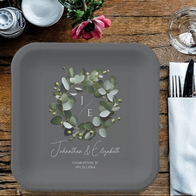 Modern Monogram Eucalyptus Wreath Wedding Grey Paper Plate (Gray Modern Monogram Eucalyptus Wreath Wedding Paper Plates)