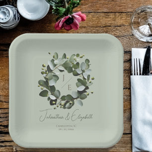Modern Monogram Eucalyptus Wreath Wedding Paper Plate