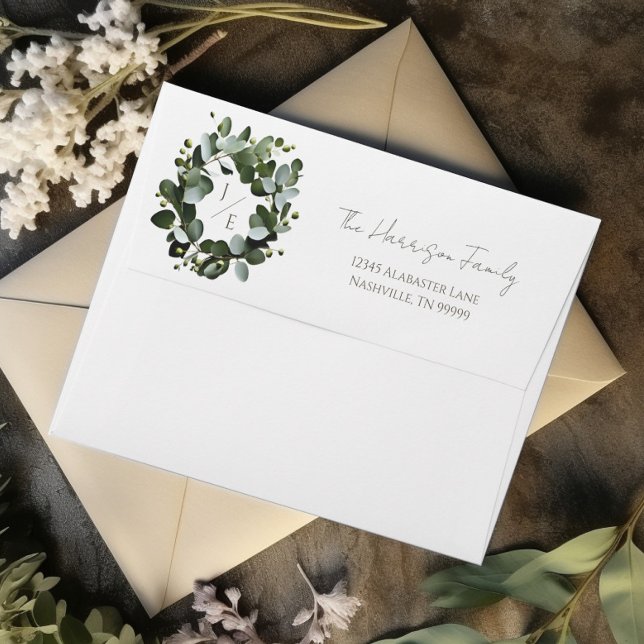 Modern Monogram Eucalyptus Wreath Wedding | White Envelope (White Modern Monogram Eucalyptus Wreath Wedding Envelope)