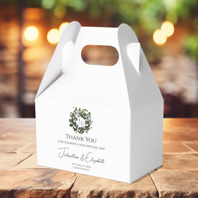 Modern Monogram Eucalyptus Wreath Wedding | White Favor Box (White Modern Monogram Eucalyptus Wreath Wedding Favor Box)