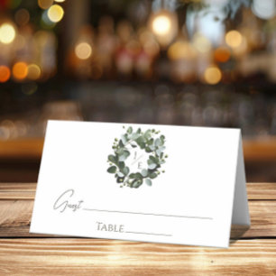 Modern Monogram Eucalyptus Wreath Wedding   White Place Card