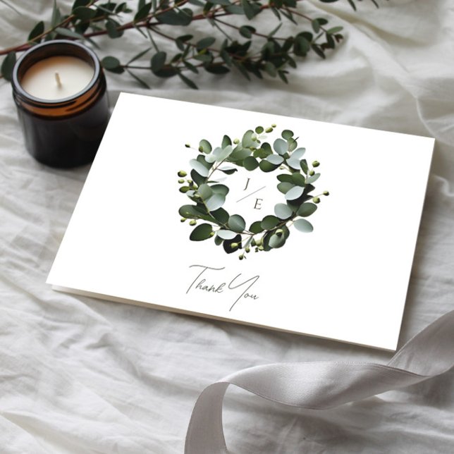 Modern Monogram Eucalyptus Wreath Wedding | White Thank You Card (White Modern Monogram Eucalyptus Wreath Wedding Thank You Card)