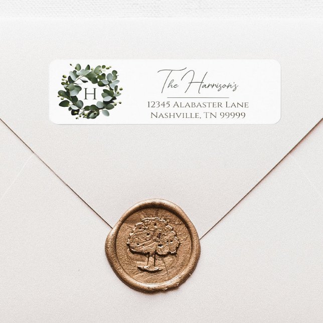 Modern Monogram Eucalyptus Wreath | White (White Modern Monogram Eucalyptus Wreath Wedding Address Label)